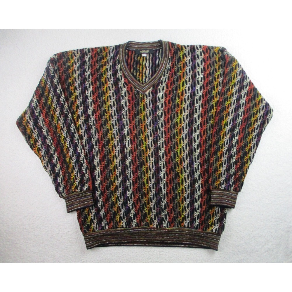 VTG Bachrach Sweater Mens XL Multicolor 3D Textured Knit Coogi Style L/S Outdoor